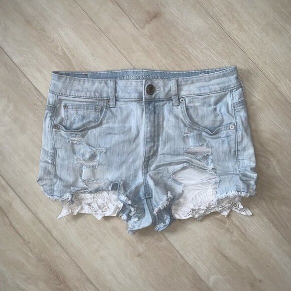 American Eagle‎ Hi-Rise Shortie Size 8 US Light Denim  Lace High Waisted Shorts - Picture 2 of 10